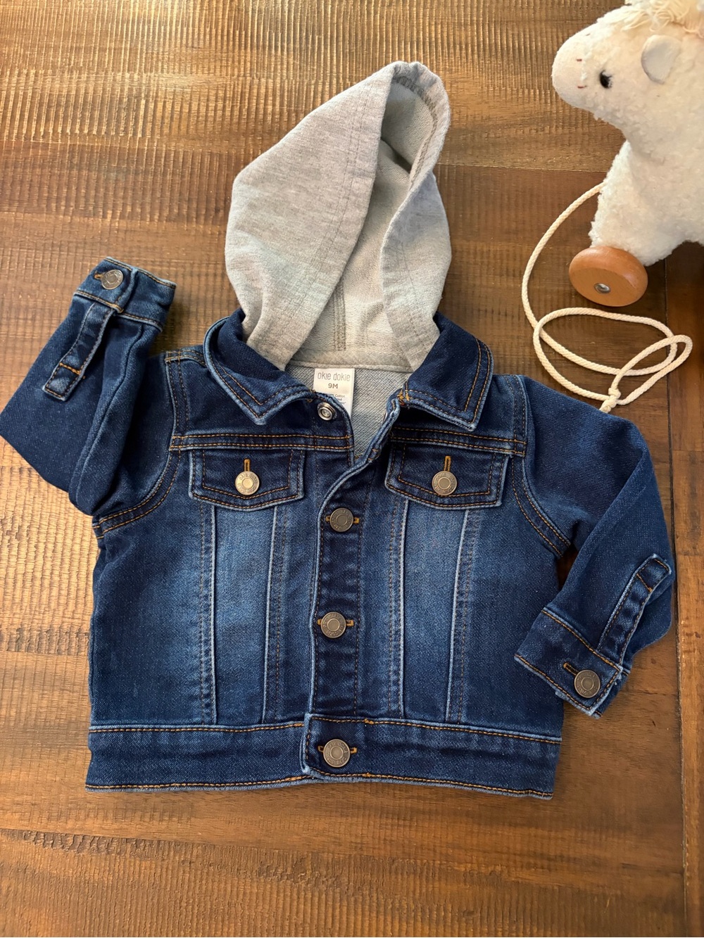 Okie Dokie Baby Dark Blue Denim hooded Snap On Jacket 9 Months